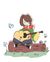 A woman playing a guitar sitting on a log